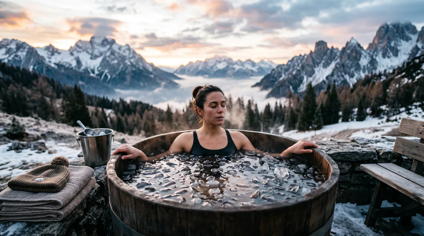 Bain de glace en tonneau face aux montagnes au couchant