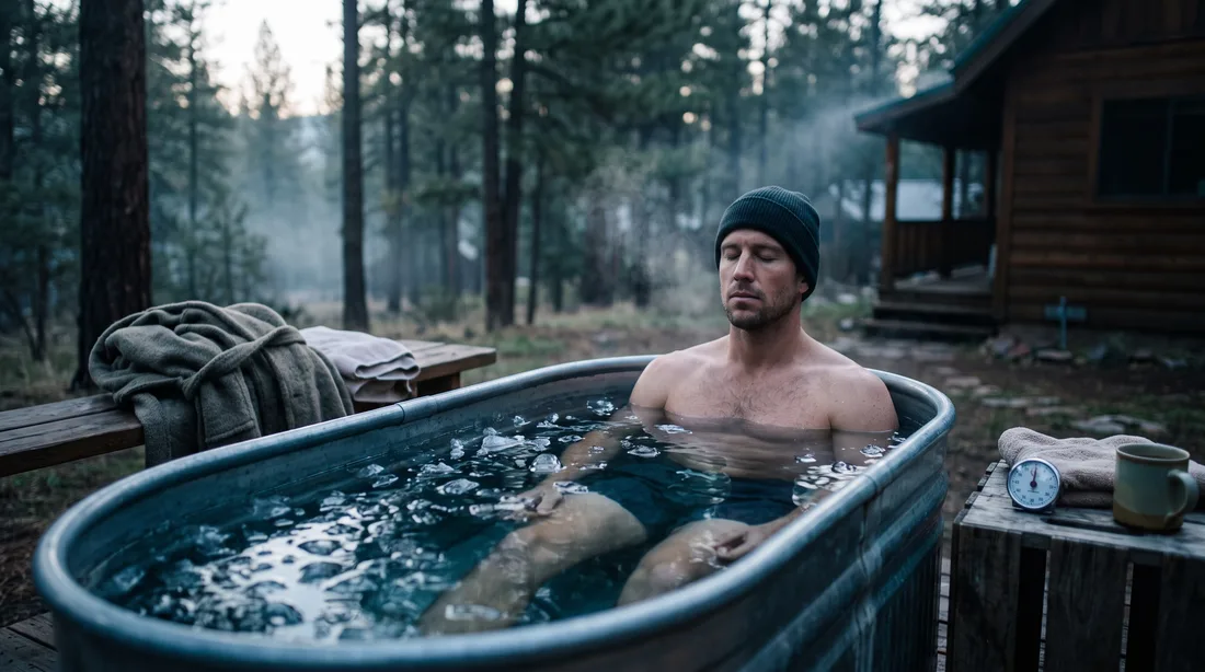 Cuve de bain de glace fumante devant un chalet