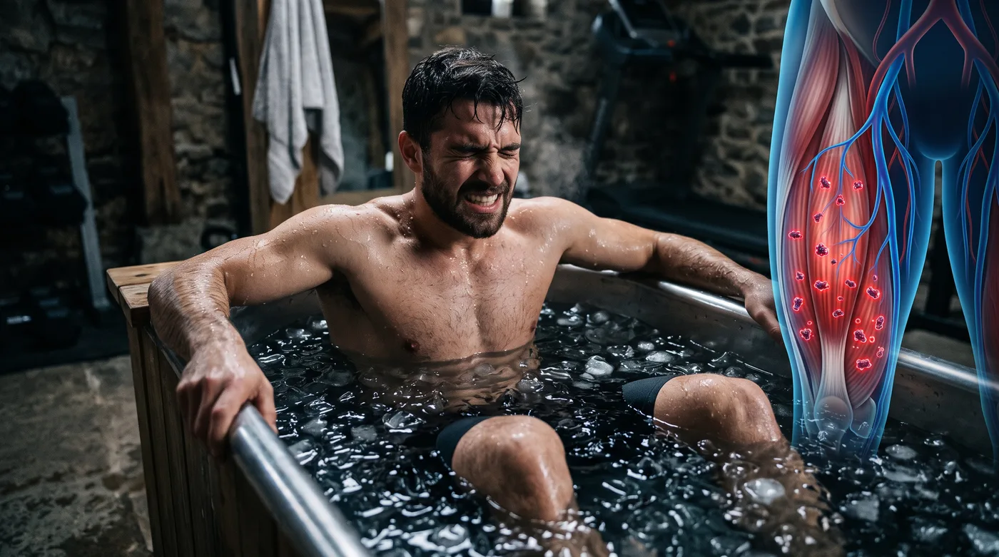 Sportif dans un bain de glace avec une vue anatomique de la jambe en surimpression