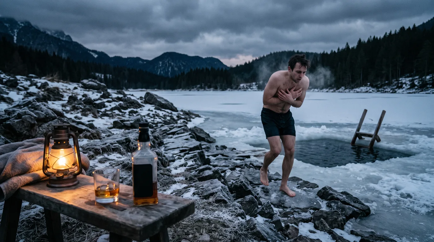 Homme frigorifié sortant d'un trou dans un lac gelé, alcool posé à côté