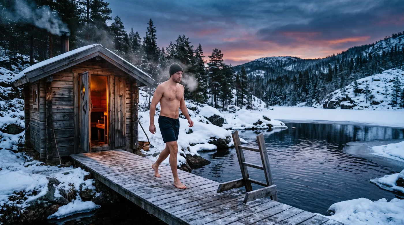 Ponton enneigé entre un sauna fumant et un trou d'eau glacée au couchant