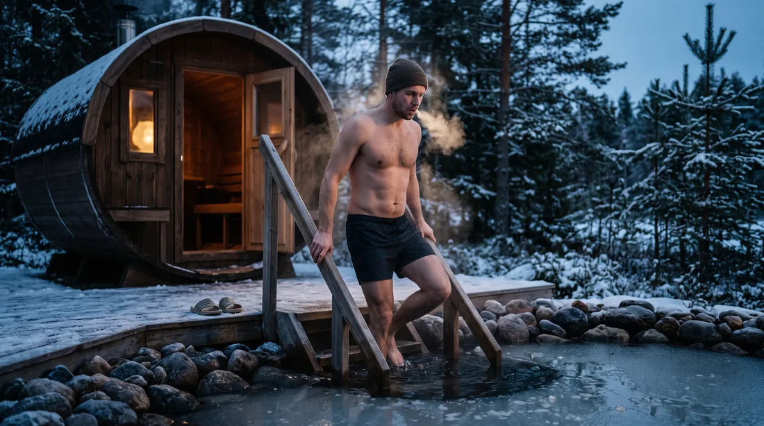 Descente dans l'eau glacée devant un sauna tonneau