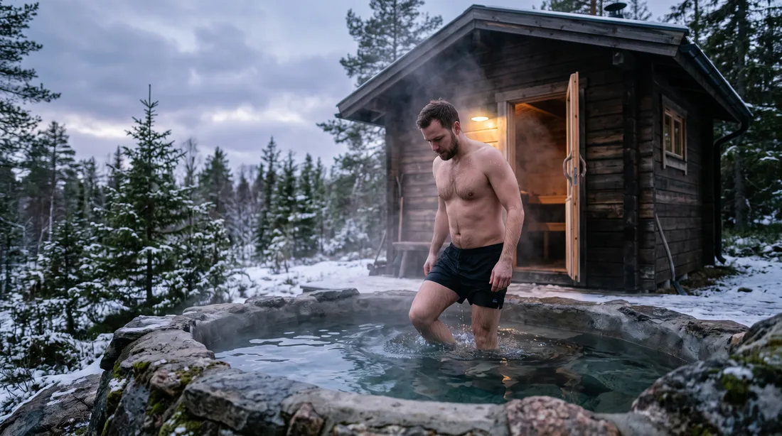 Bassin fumant devant un sauna en bois sous la neige