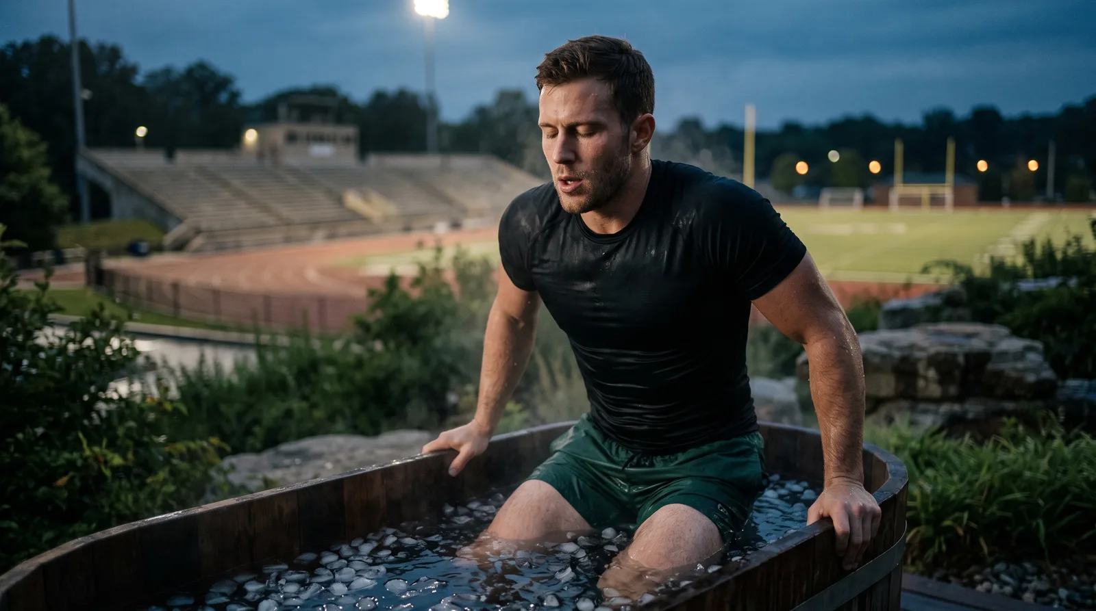 Athlète entrant dans un bain froid au bord de la piste après l'entraînement