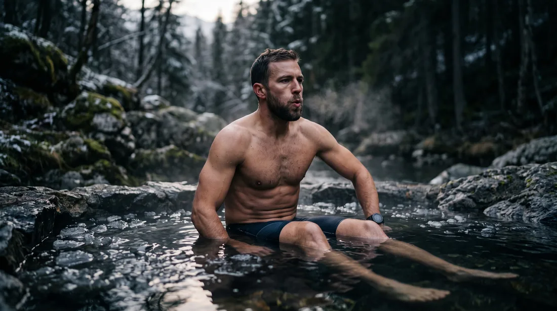 Immersion dans une rivière glacée en forêt