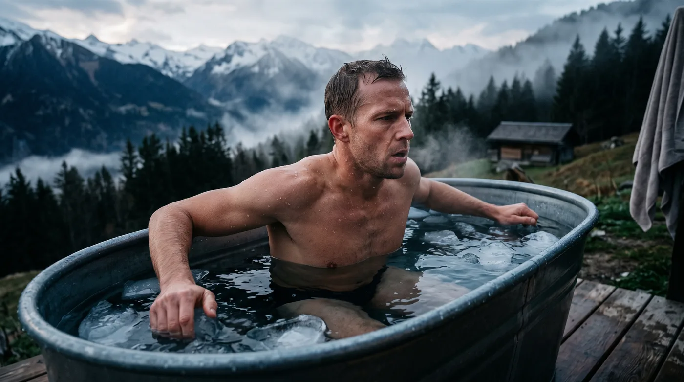 Homme immergé dans un bac d'eau froide face aux montagnes enneigées