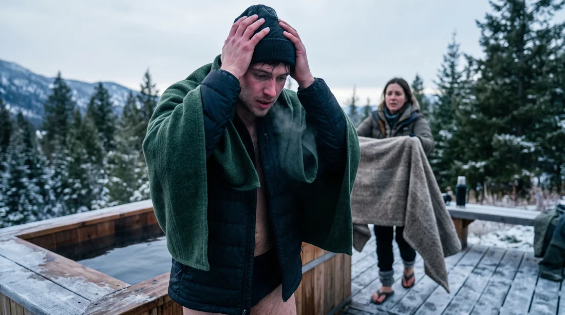 Pratiquant couvert d'une doudoune à la sortie du bain froid