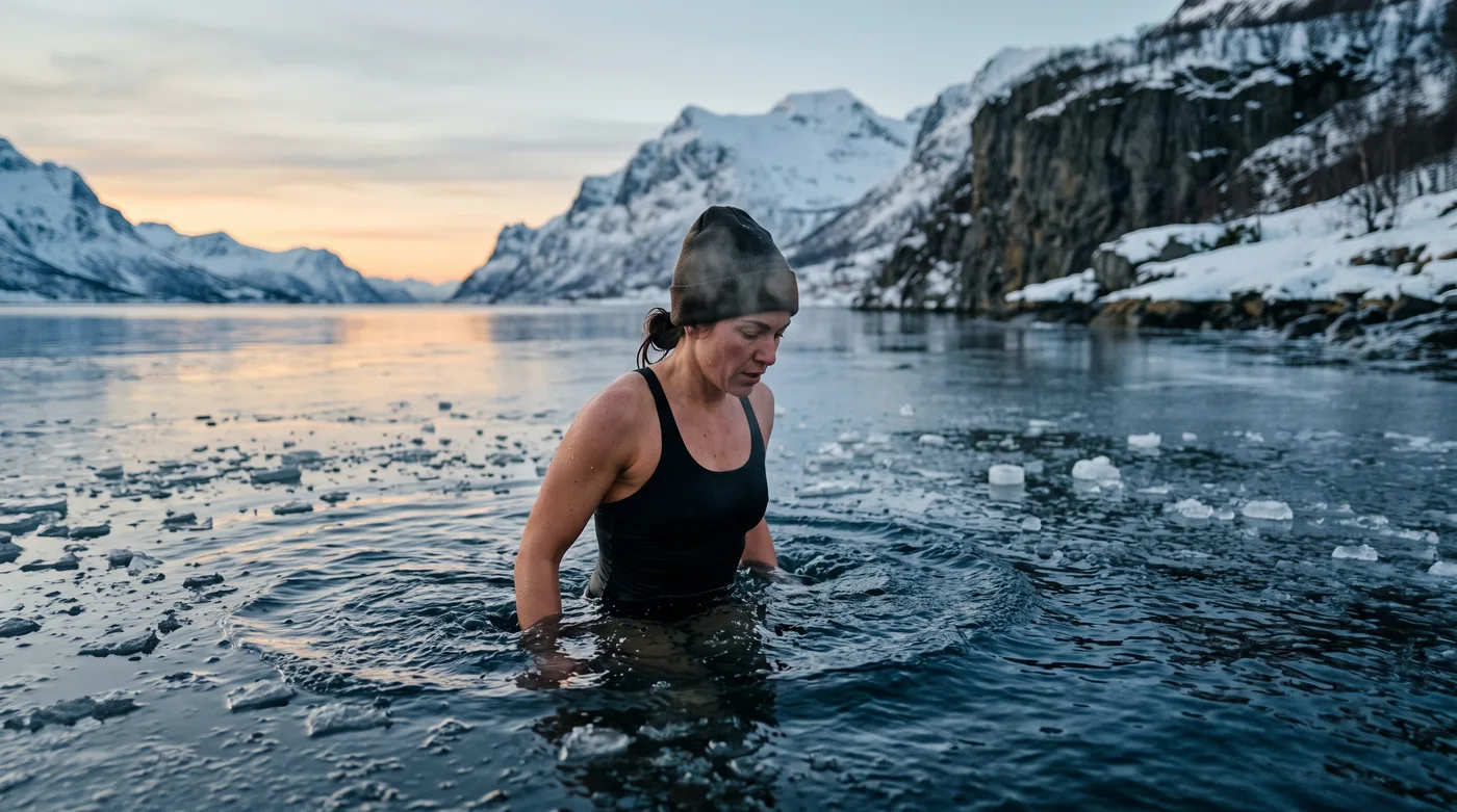 Femme entrant dans un fjord gelé à l'aube