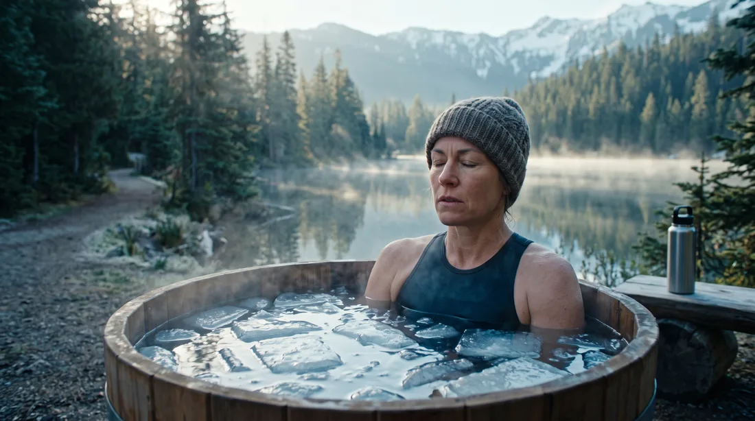 Femme en bonnet de laine dans un tonneau de bain froid au bord d'un lac