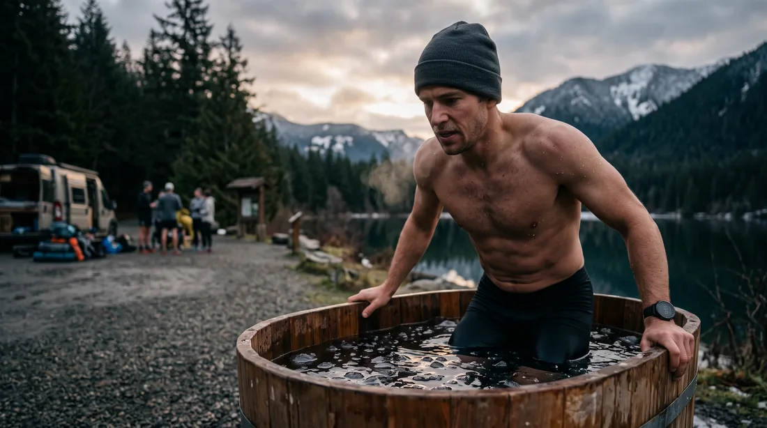 Sortie d'un tonneau de bain froid au bord d'un lac de montagne
