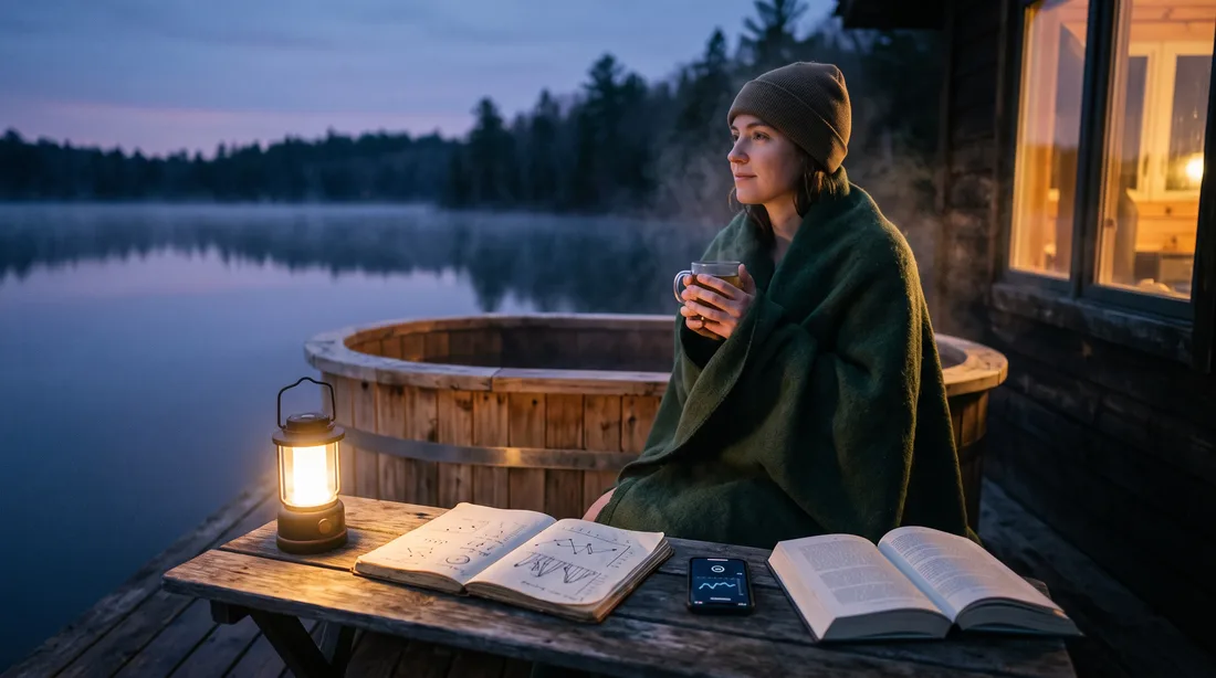 Femme sous un plaid avec une tasse fumante au bord d'un bain froid
