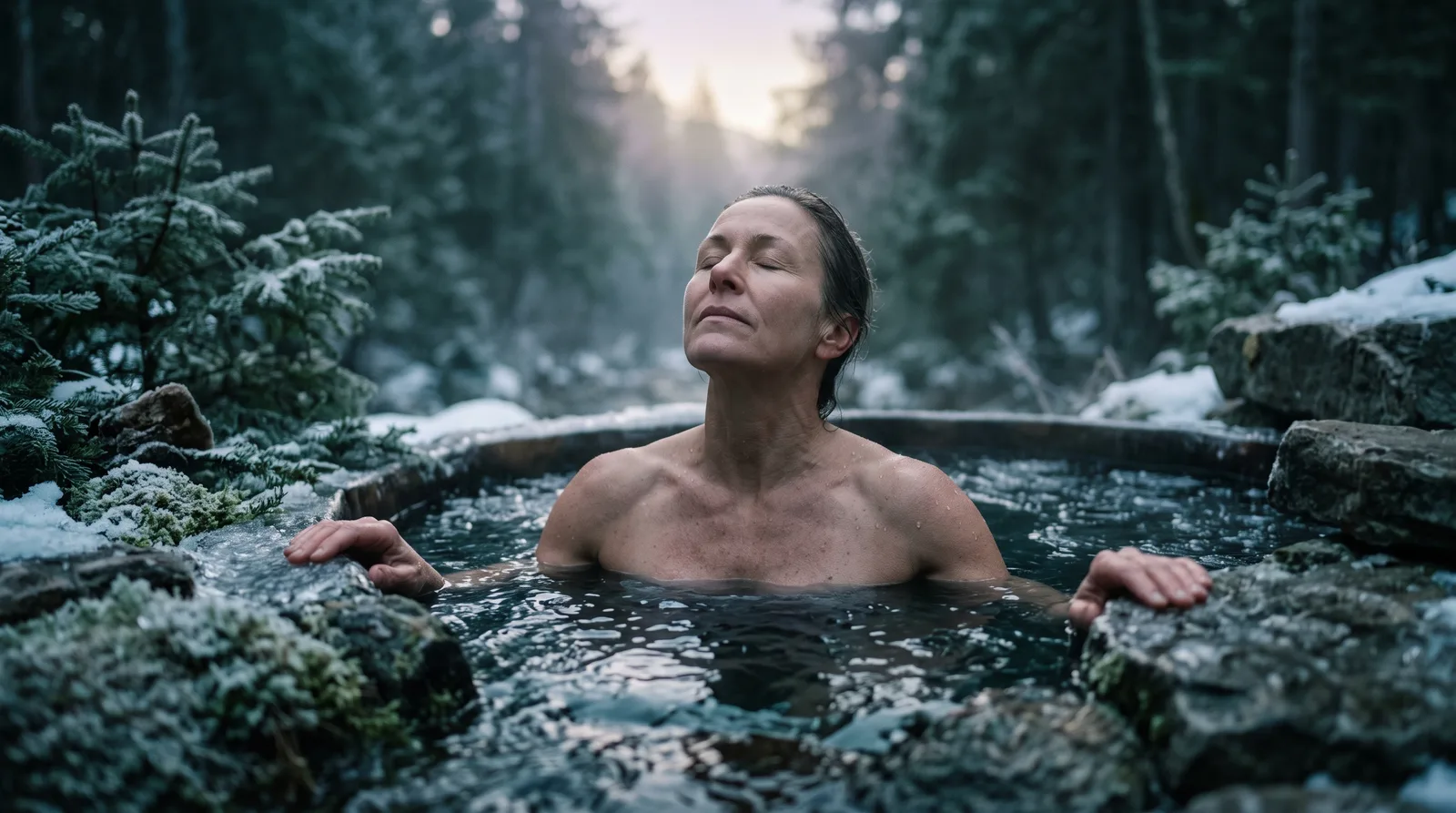 Moment d'apaisement dans un bassin naturel d'eau froide en forêt givrée