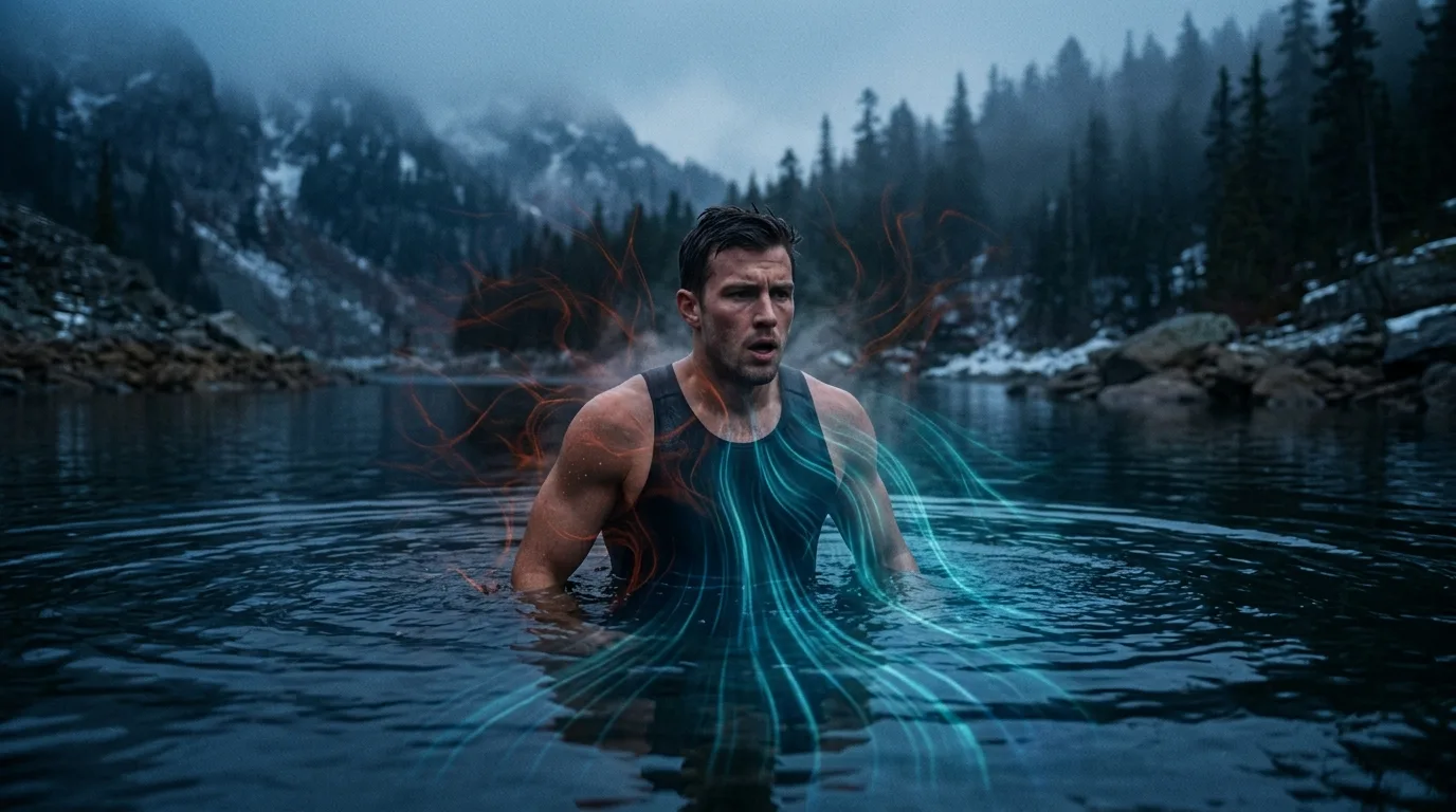 Immersion en lac de montagne, énergie du froid stylisée