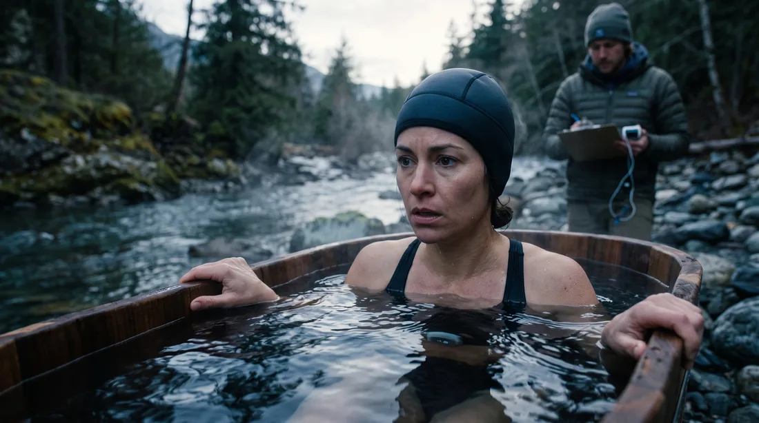 Séance de bain froid en tonneau au bord d'une rivière, sous supervision