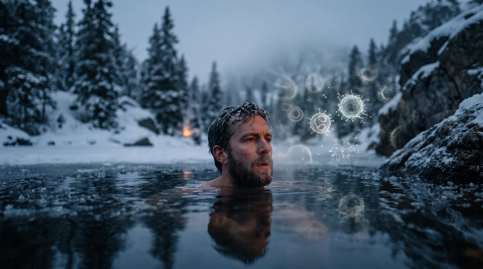 Immersion en lac gelé, défenses immunitaires stylisées en surimpression