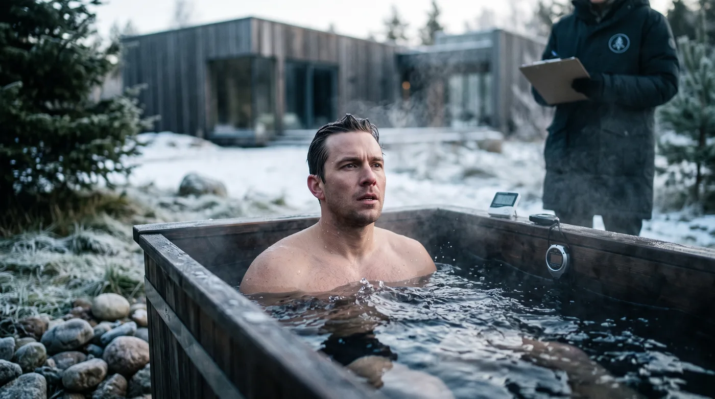 Séance de bain froid suivie par un chercheur avec thermomètre et chronomètre