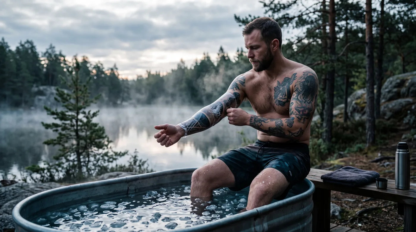 Avant-bras tatoué protégé d'un film plastique au bord d'un bac d'eau froide