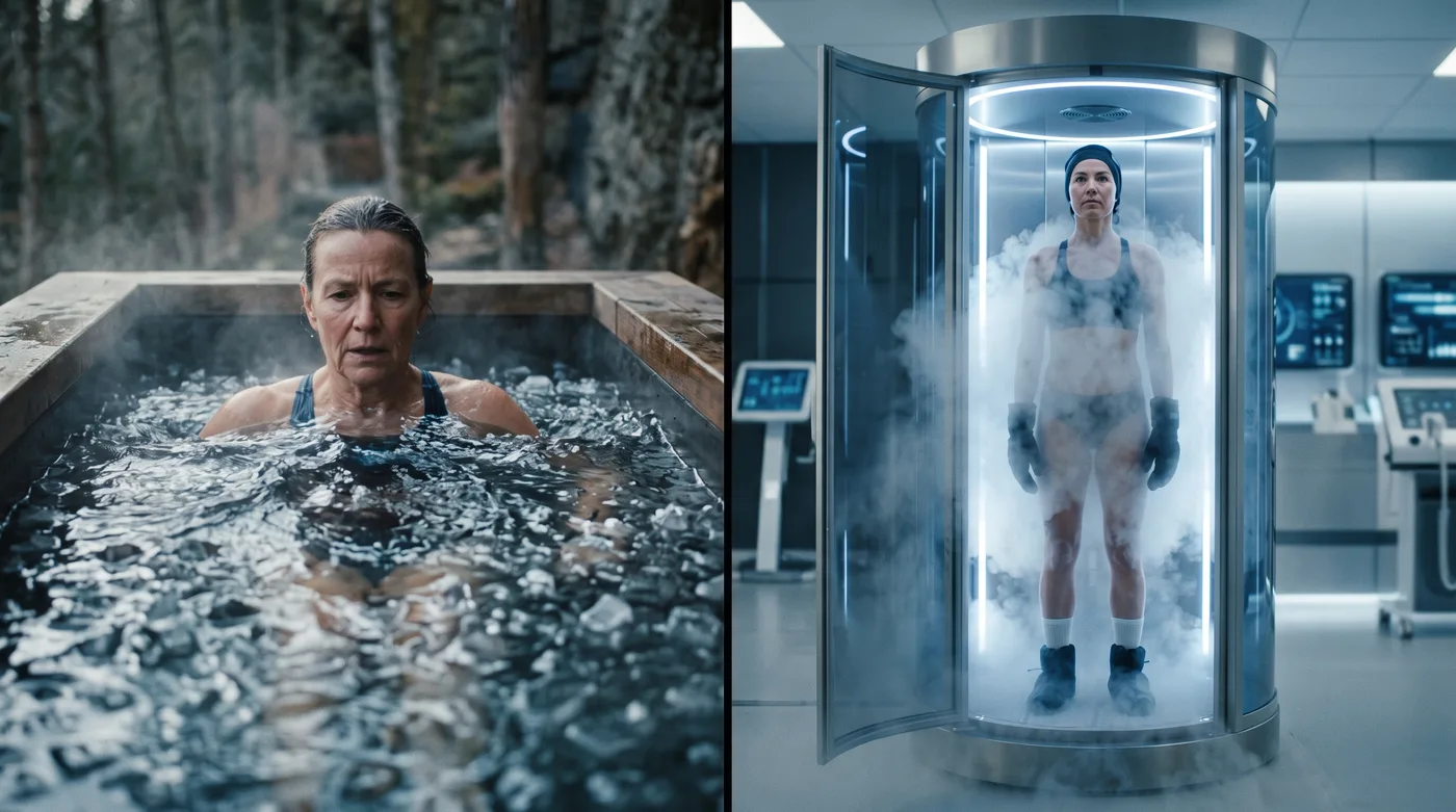 Bain froid en forêt face à une capsule de cryothérapie en clinique