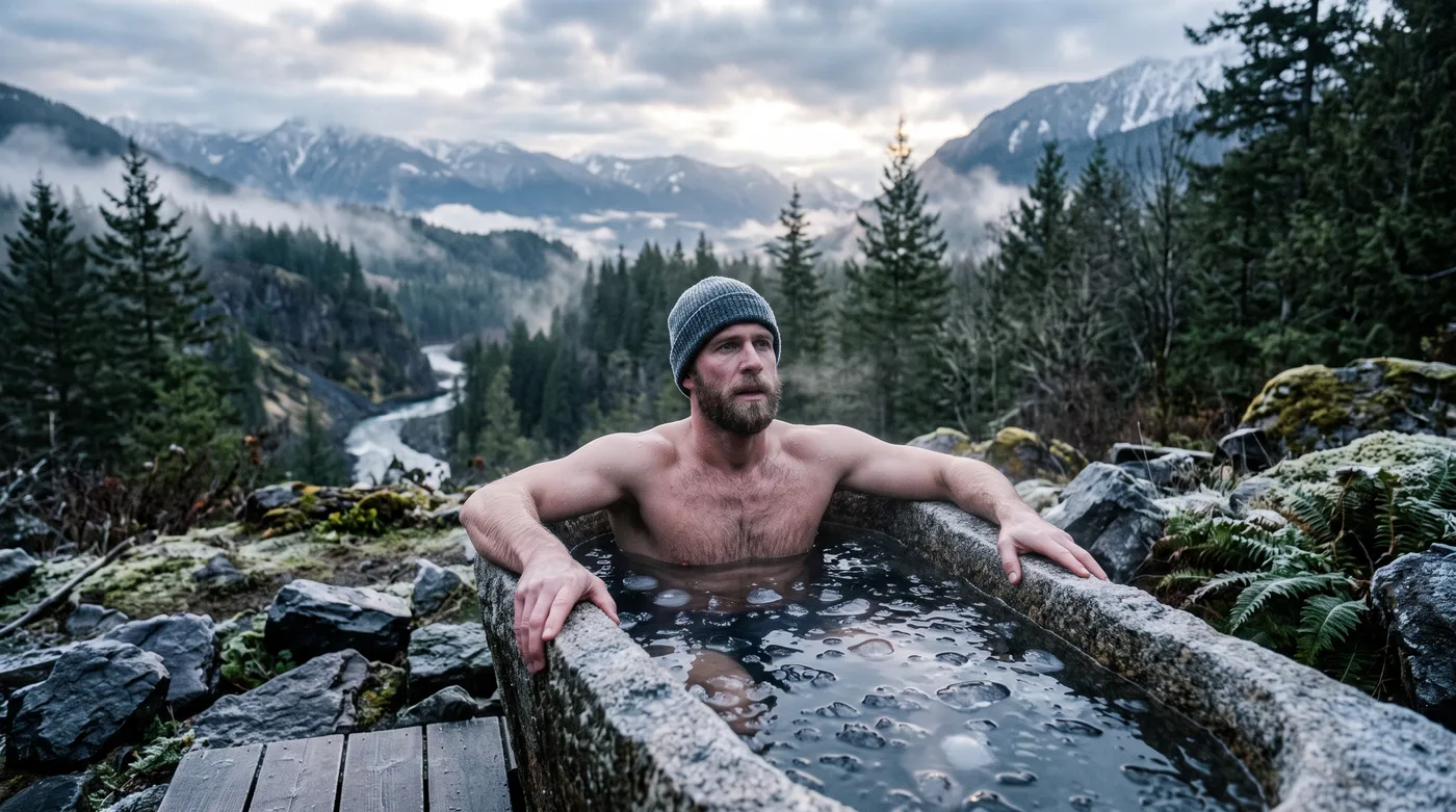Homme en bonnet dans une baignoire de pierre glacée face aux montagnes