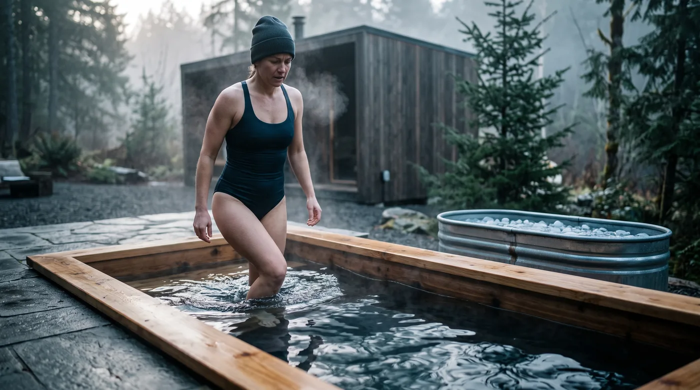 Entrée dans un cold plunge en bois au cœur d'une forêt brumeuse
