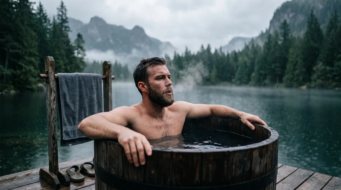 Cold plunge en tonneau sous la pluie au bord d'un lac
