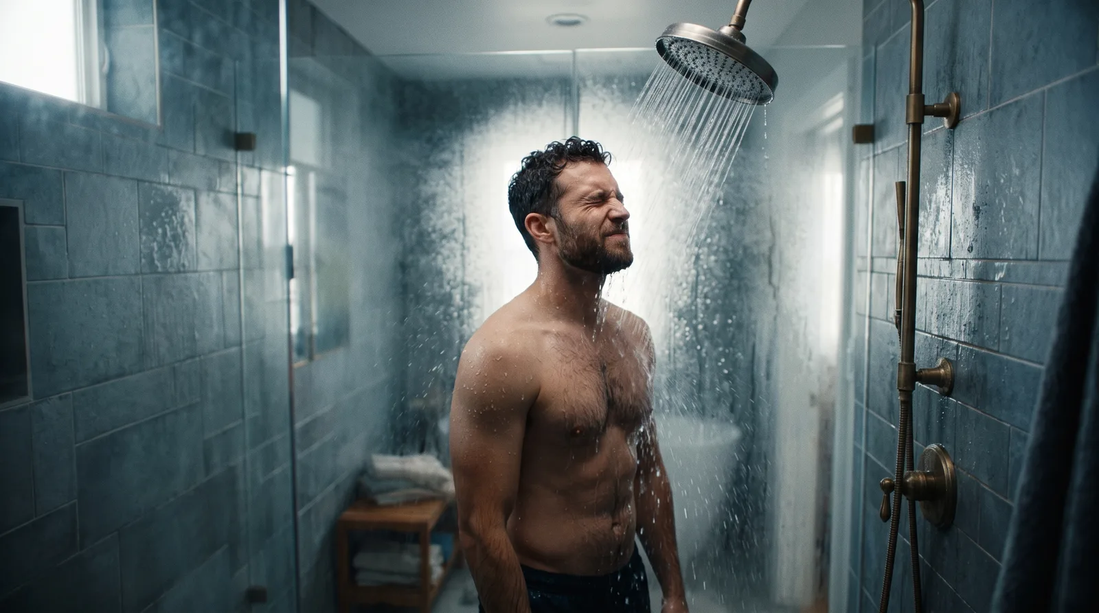 Douche froide dans une salle de bain aux carreaux bleus